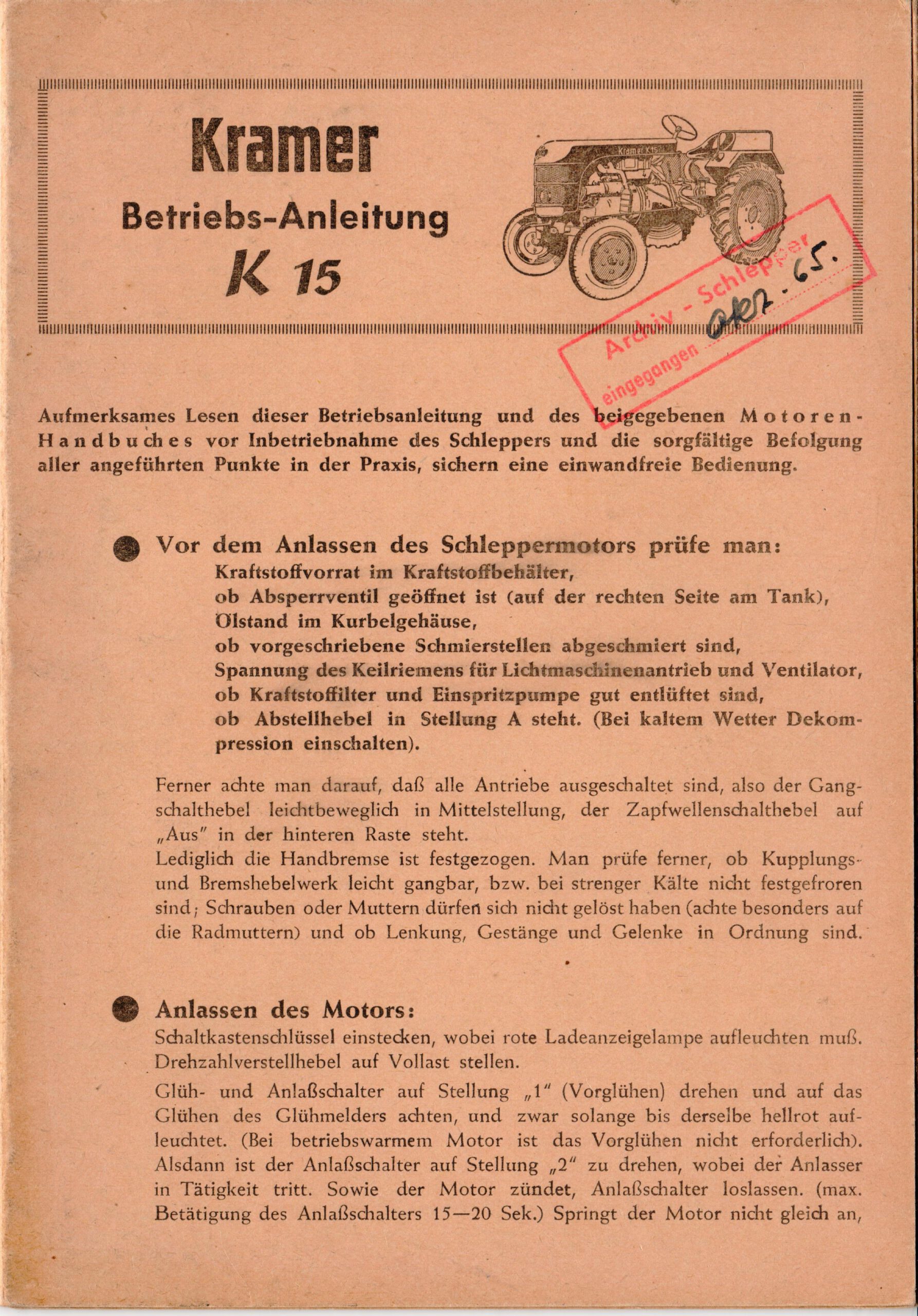 Kramer Hydraulikanlage Schlepper Betriebsanleitung Bedienungsanleitung 1962 